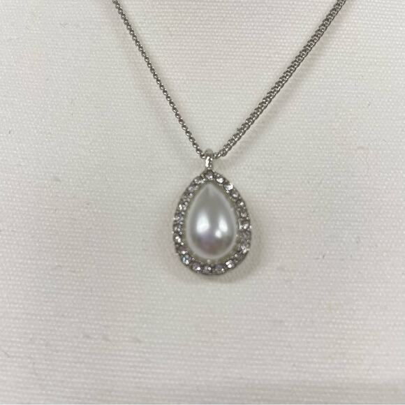 Givenchy Silver Tone Faux Pearl Teardrop Necklace Jewelry Rhinestone - Picture 1 of 8